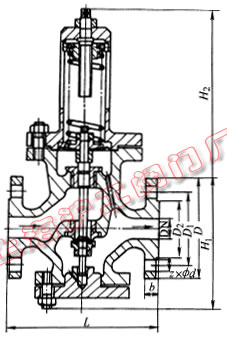 Y42X-16Q、Y42F-16 型彈簧薄膜式減壓閥外形及結(jié)構(gòu)尺寸示意圖