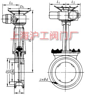Z973F、Z973H 型電動(dòng)刀型閘閥(刀閘閥)外形及結(jié)構(gòu)尺寸示意圖