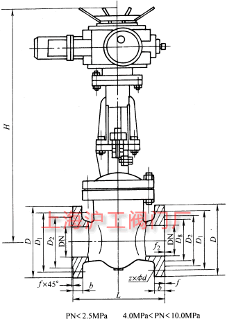 DKZ941H、DKZ941Y 型 PN10~PN100 鋼制真空閘閥主要外形及結(jié)構(gòu)尺寸示意圖