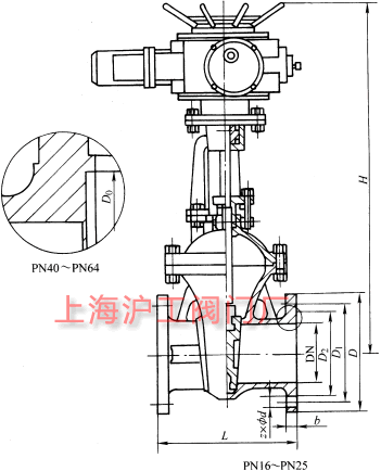 Z941H、Z941Y、Z941W 型 PN16~PN63 電動(dòng)楔式閘閥主要外形及結(jié)構(gòu)尺寸示意圖