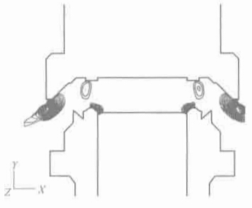圖 1-10 安全閥內(nèi)部流場中的馬赫數(shù)等值線圖